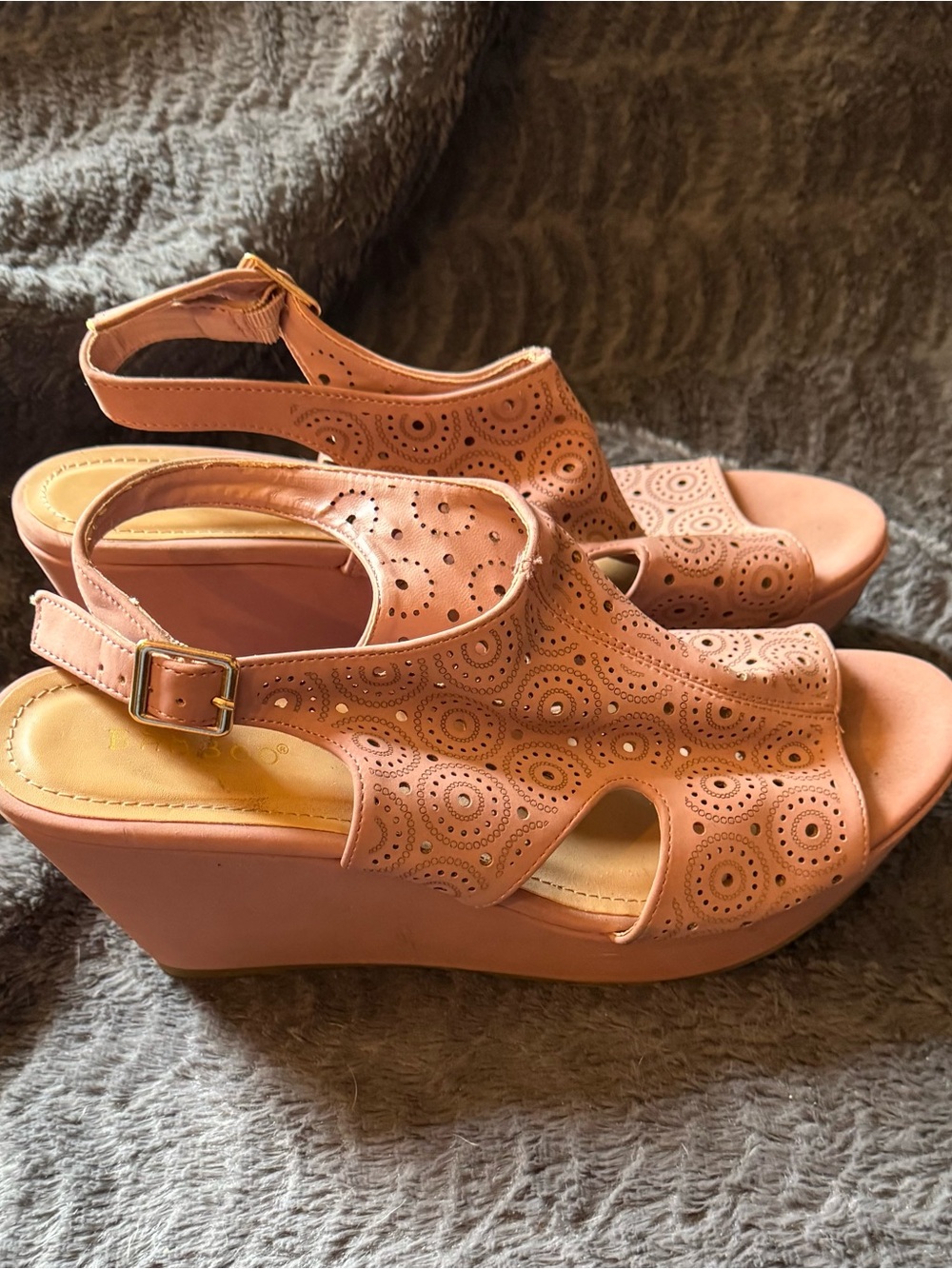 BAMBOO Peach Laser-Cut Wedge Sandals